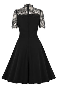 Black Lace Neckline Short Sleeves A-line Vintage Dress