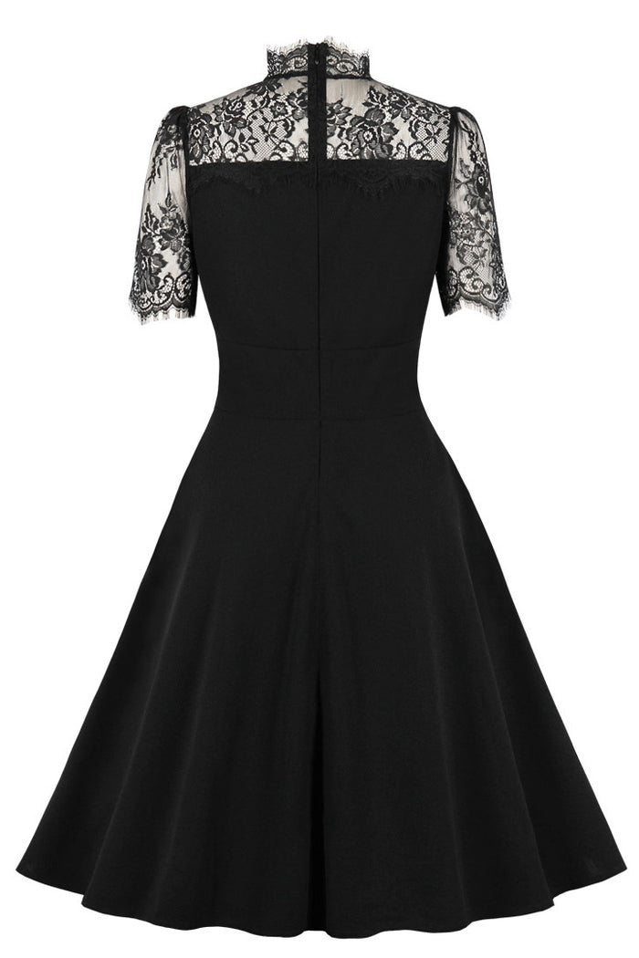 Black Lace Neckline Short Sleeves A-line Vintage Dress