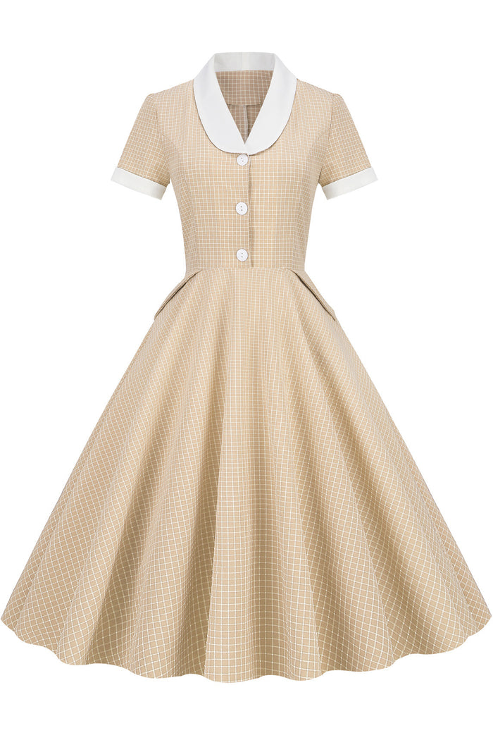 Apricot A-line Plaid Dress with Short Sleeves