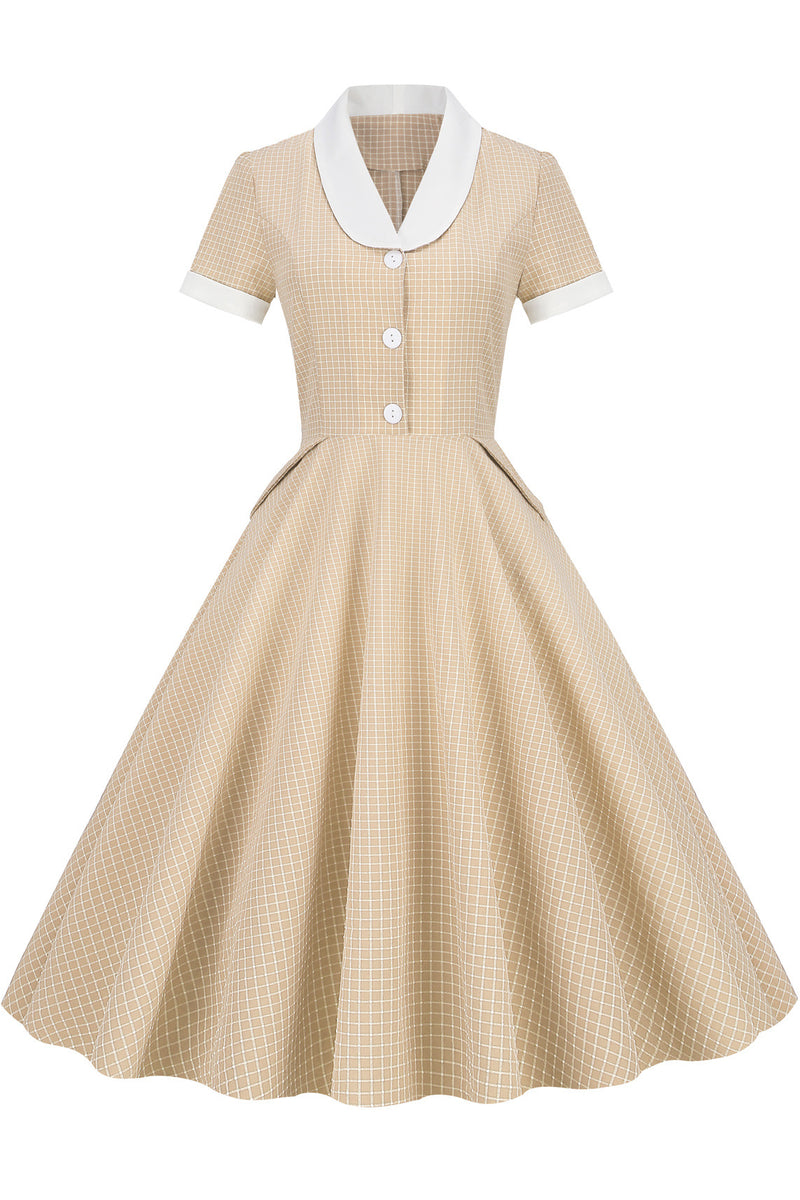Apricot A-line Plaid Dress with Short Sleeves