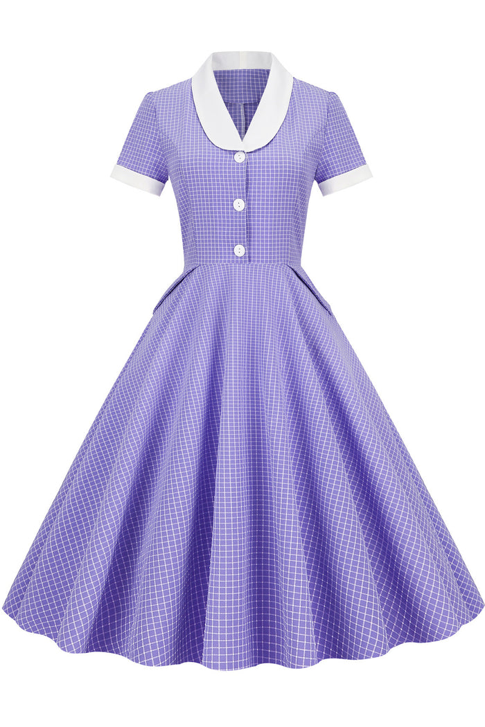 Purple A-line Plaid Dress with Short Sleeves