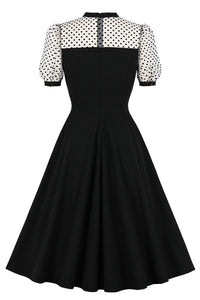 Black Dot Short Sleeves Black A-line Vintage Dress