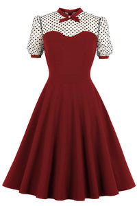 Wine Red Dot Short Sleeves Black A-line Vintage Dress