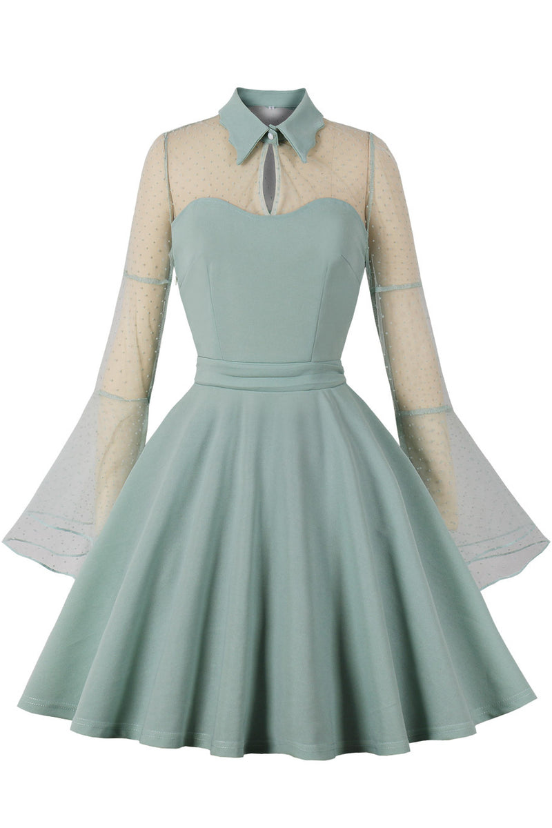 Halloween Dusty Sage Dot Bell Sleeves A-line Shirt Collar Vintage Dress