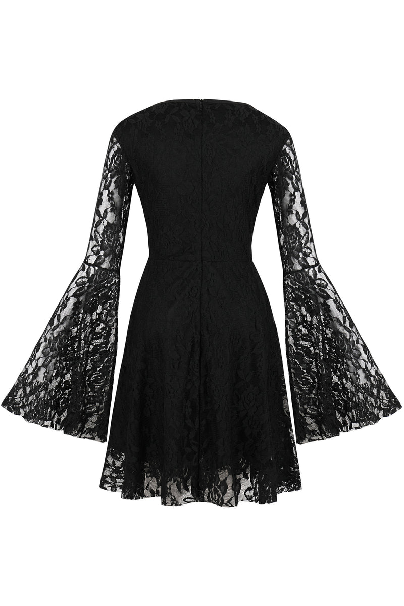 Black Lace Long Bell Sleeves A-line Vintage Dress