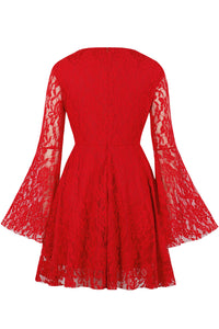 Red Lace Long Bell Sleeves A-line Vintage Dress