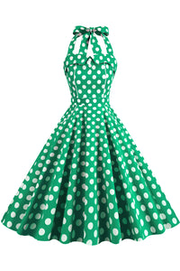 Herbene Green Halter Bow Tie Straps Lace-Up Dot Dress