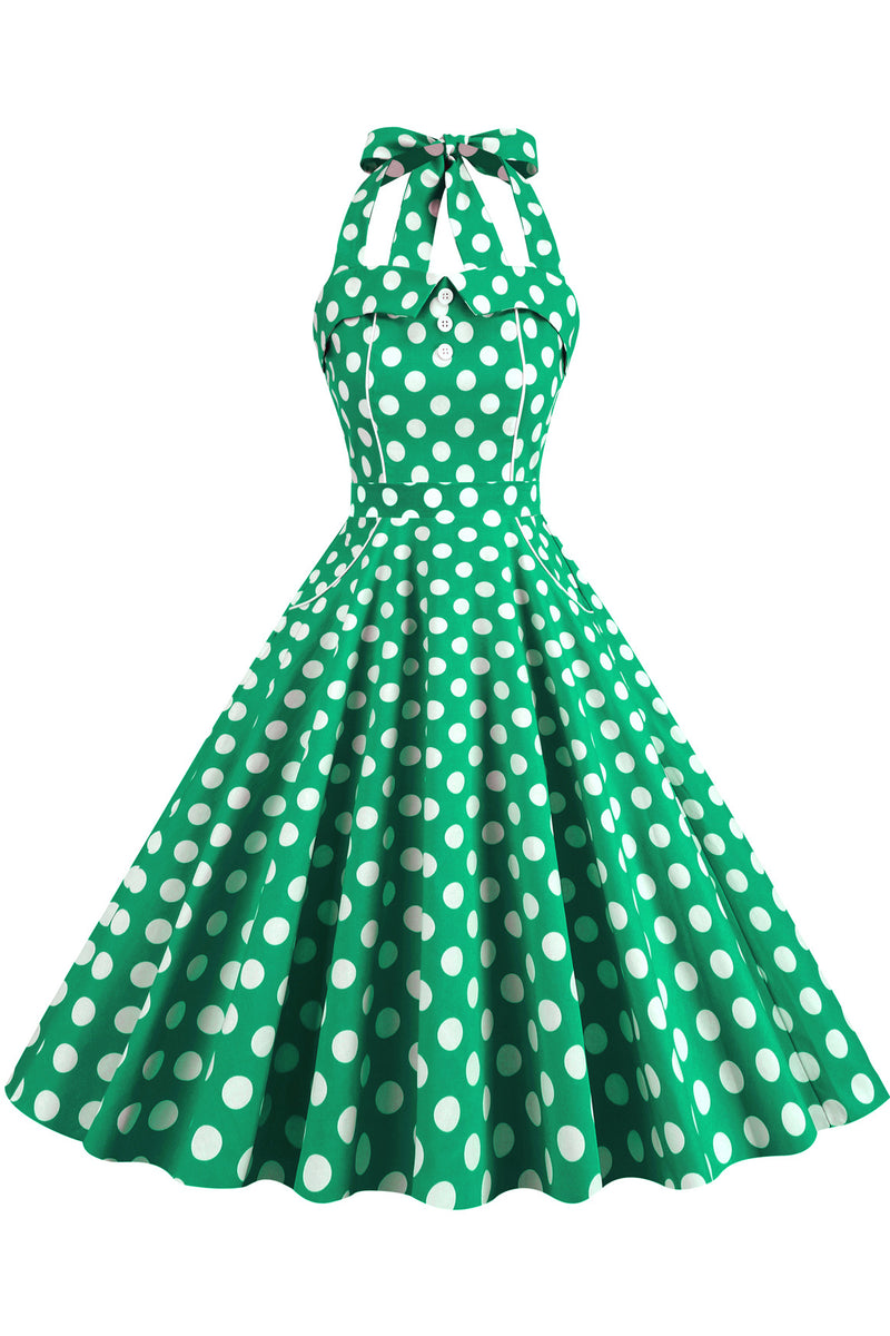 Herbene Green Halter Bow Tie Straps Lace-Up Dot Dress