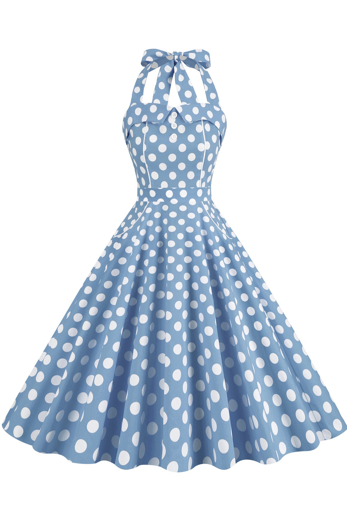 Herbene Light Blue Halter Bow Tie Straps Lace-Up Dot Dress