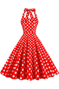 Herbene Red Halter Bow Tie Straps Lace-Up Dot Dress