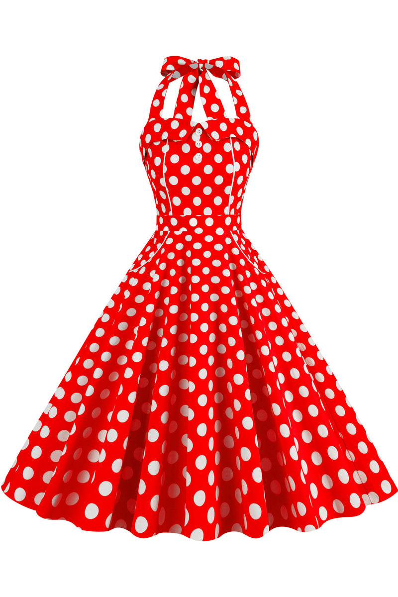 Herbene Red Halter Bow Tie Straps Lace-Up Dot Dress