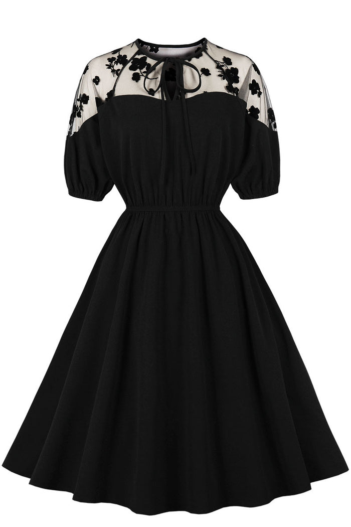 Black Lace Neckline Short Sleeves A-line Vintage Dress