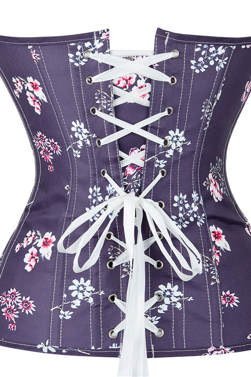 Purple Strapless Floral Lace-Up Bustier Corset Top