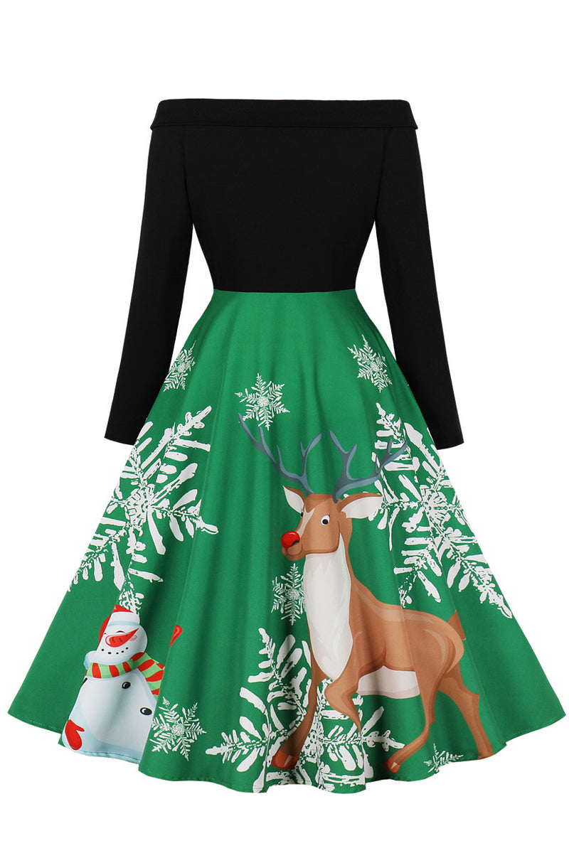 Christmas Green Off-Shoulder Long Sleeves A-line Vintage Dress