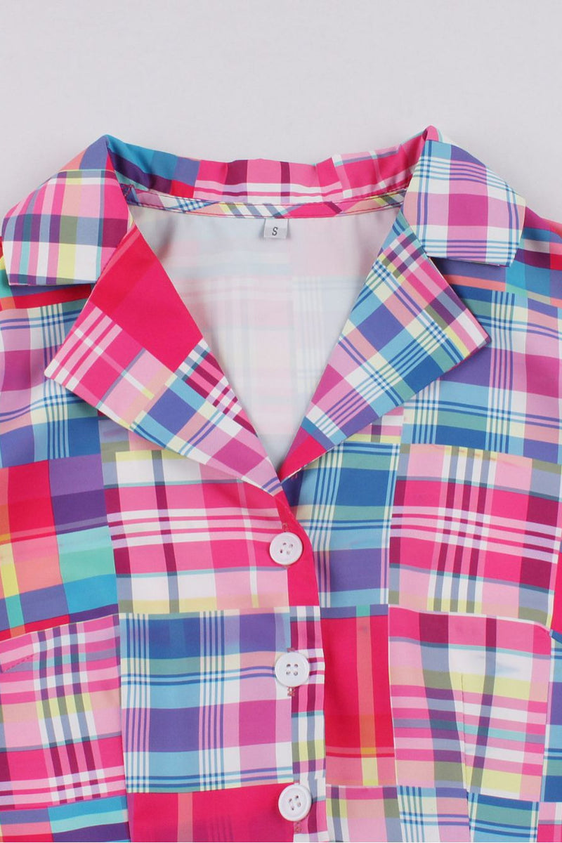 Rose Pink Plaid Lapel A-line Vintage Dress