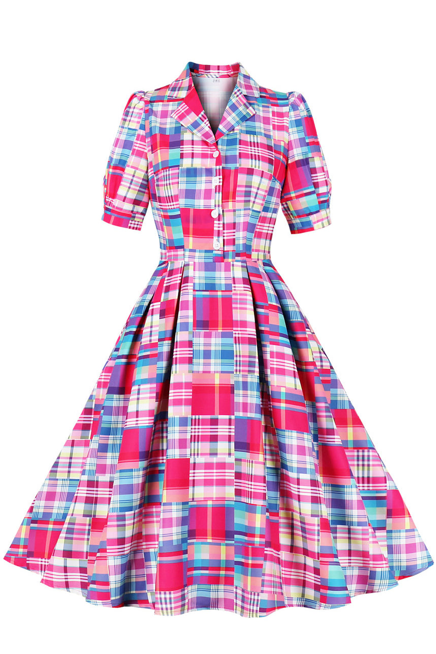 Rose Pink Plaid Lapel A-line Vintage Dress