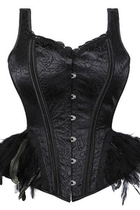 Black Lace-Up Floral Laced Bustier Corset Top with Feathers