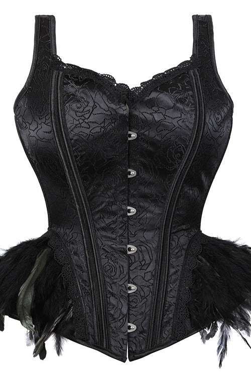 Black Lace-Up Floral Laced Bustier Corset Top with Feathers