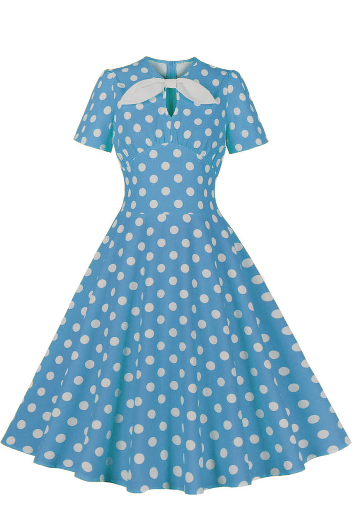 Herbene Blue Dot A-line Vintage Dress with Bow