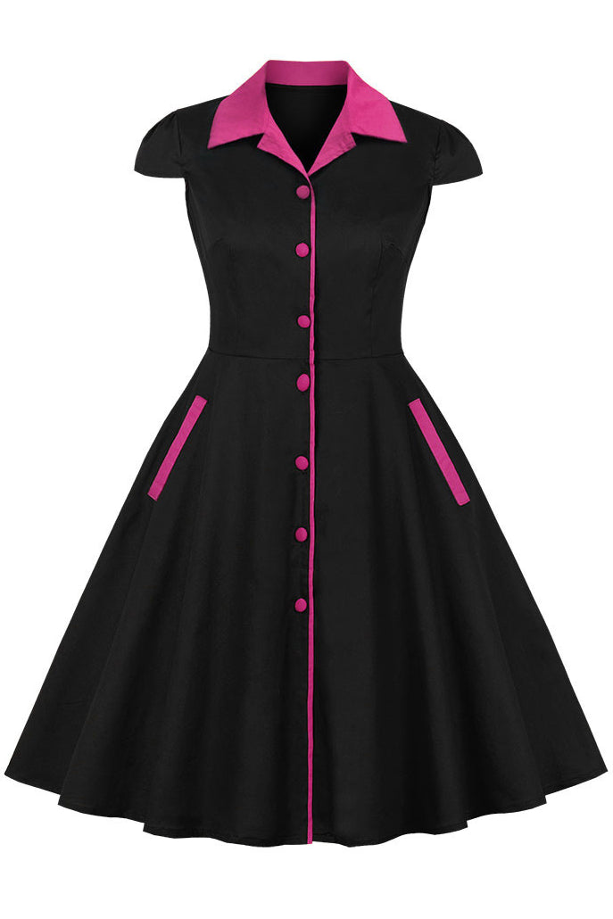 Black Lapel A-line Buttons Cap Sleeves Vintage Dress