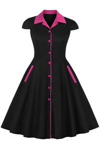 Black Lapel A-line Buttons Cap Sleeves Vintage Dress
