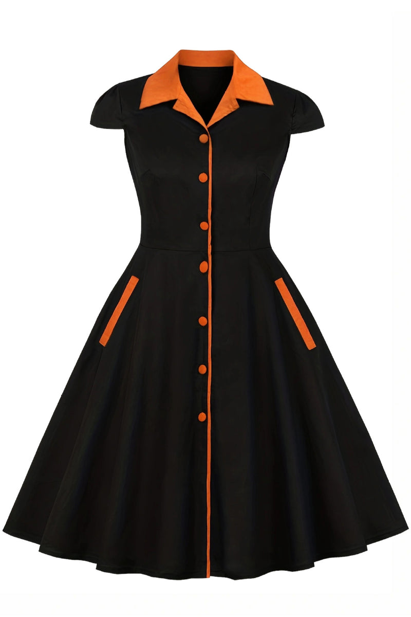 Black Lapel A-line Buttons Cap Sleeves Vintage Dress