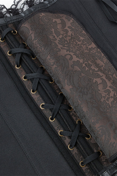 Black Strapless Leather Lace Ruffled Lace-Up Bustier Corset Top