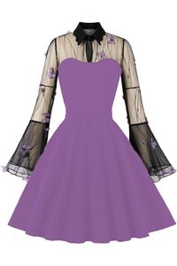 Halloween Violet Bell Sleeves Butterfly A-line Vintage Dress