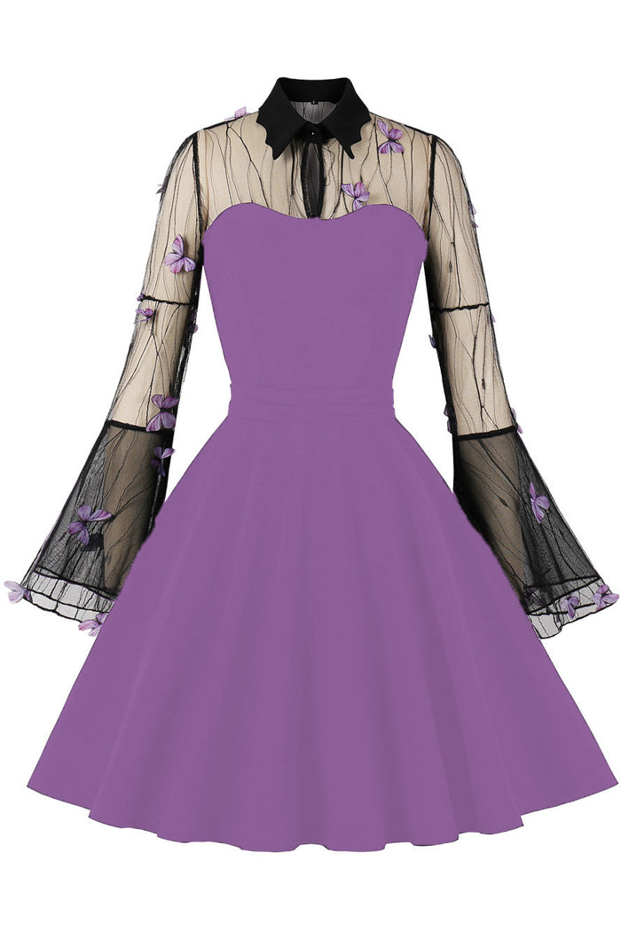 Halloween Violet Bell Sleeves Butterfly A-line Vintage Dress
