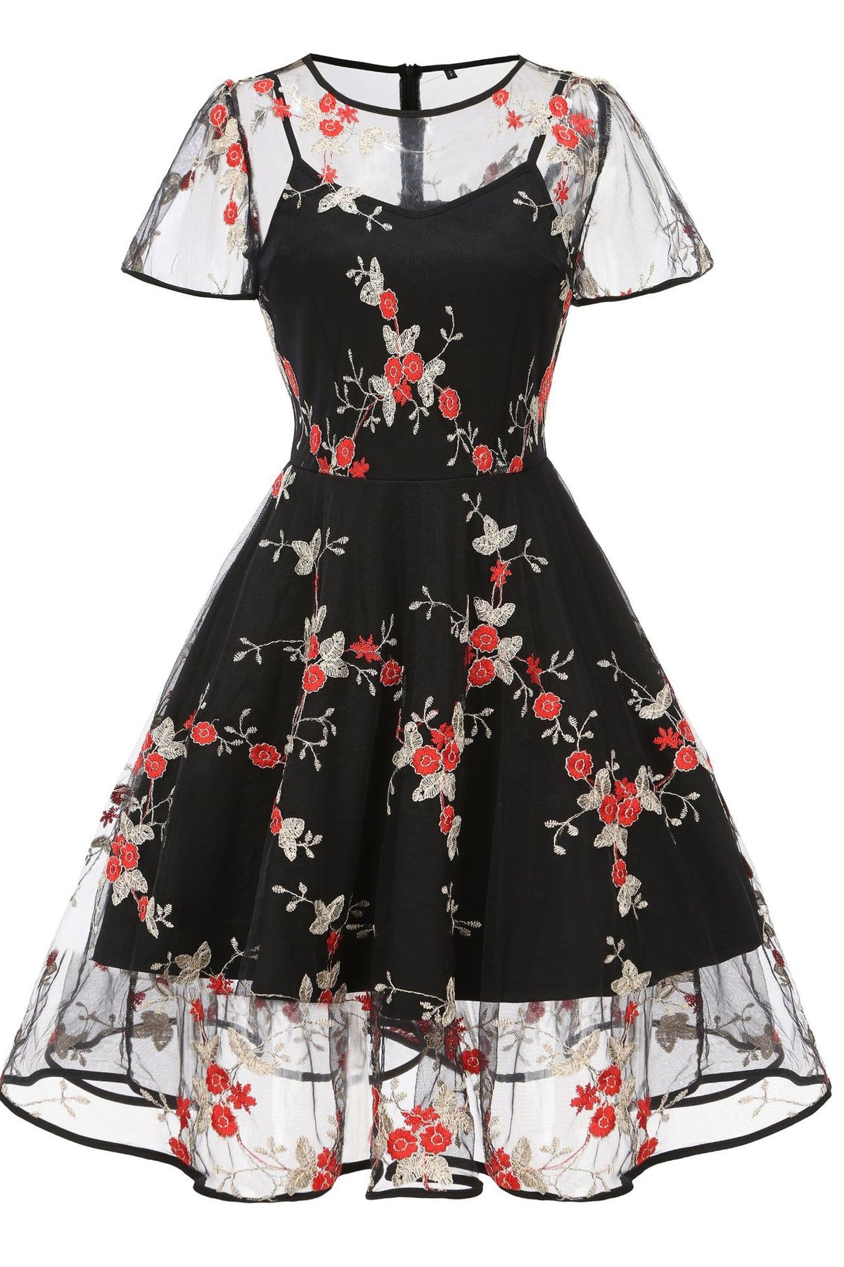 Black Embroidery Flaunt Sleeves A-line Vinatge Dress