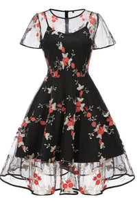 Black Embroidery Flaunt Sleeves A-line Vinatge Dress