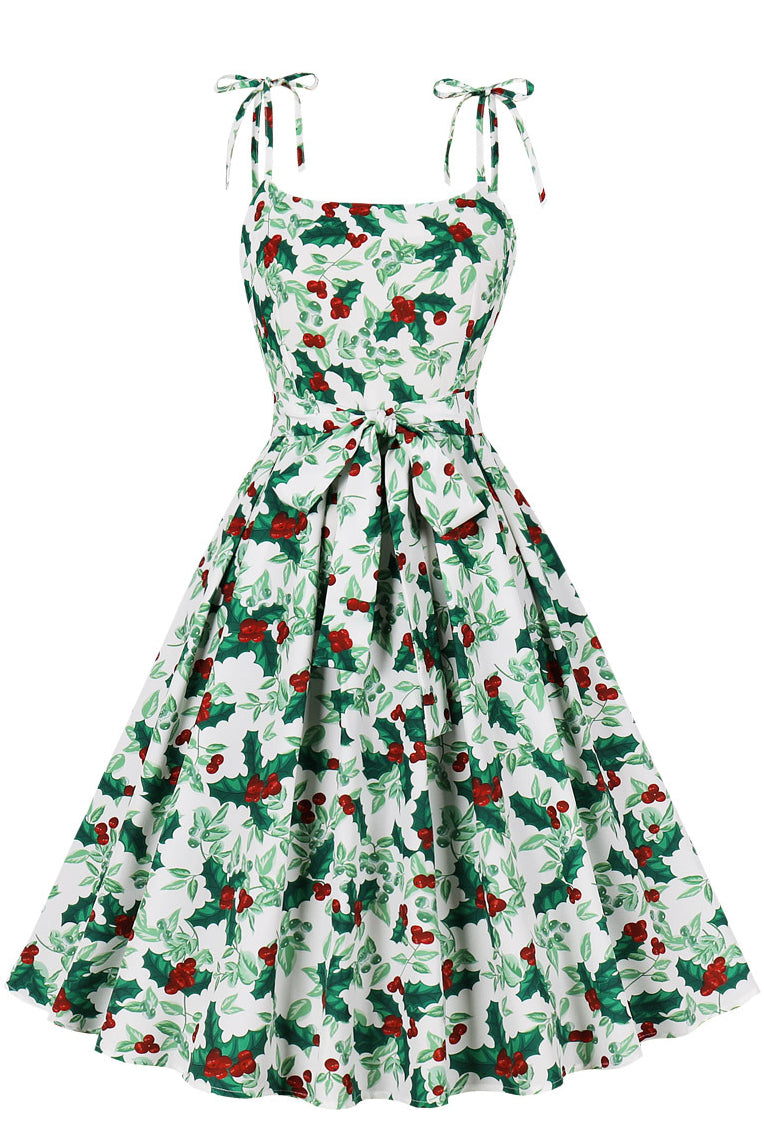 Christmas Bow Tie Straps Green Cintage Dress