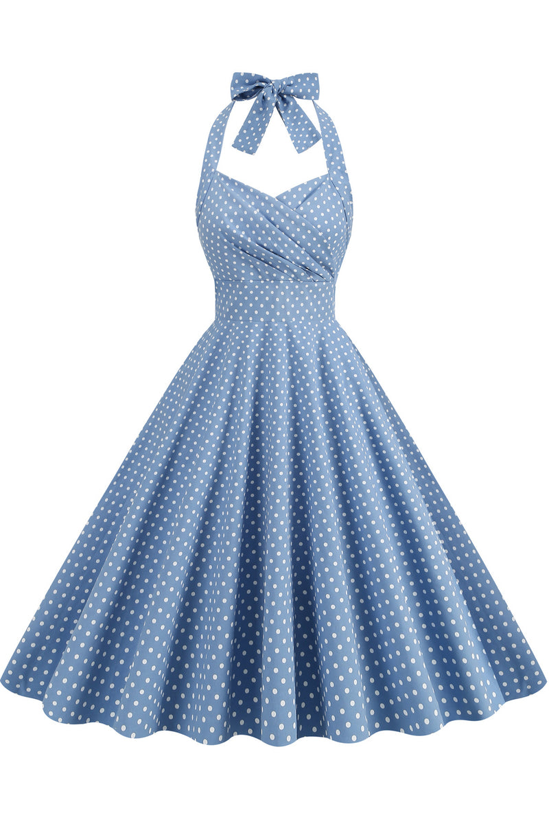 Herbene Light Blue Dot Bow Tie Halter Dress