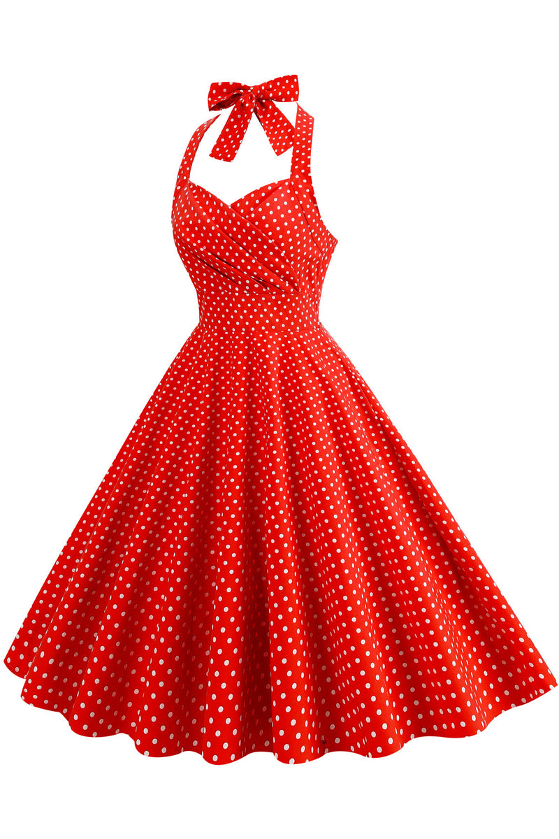 Herbene Red Dot Bow Tie Halter Dress