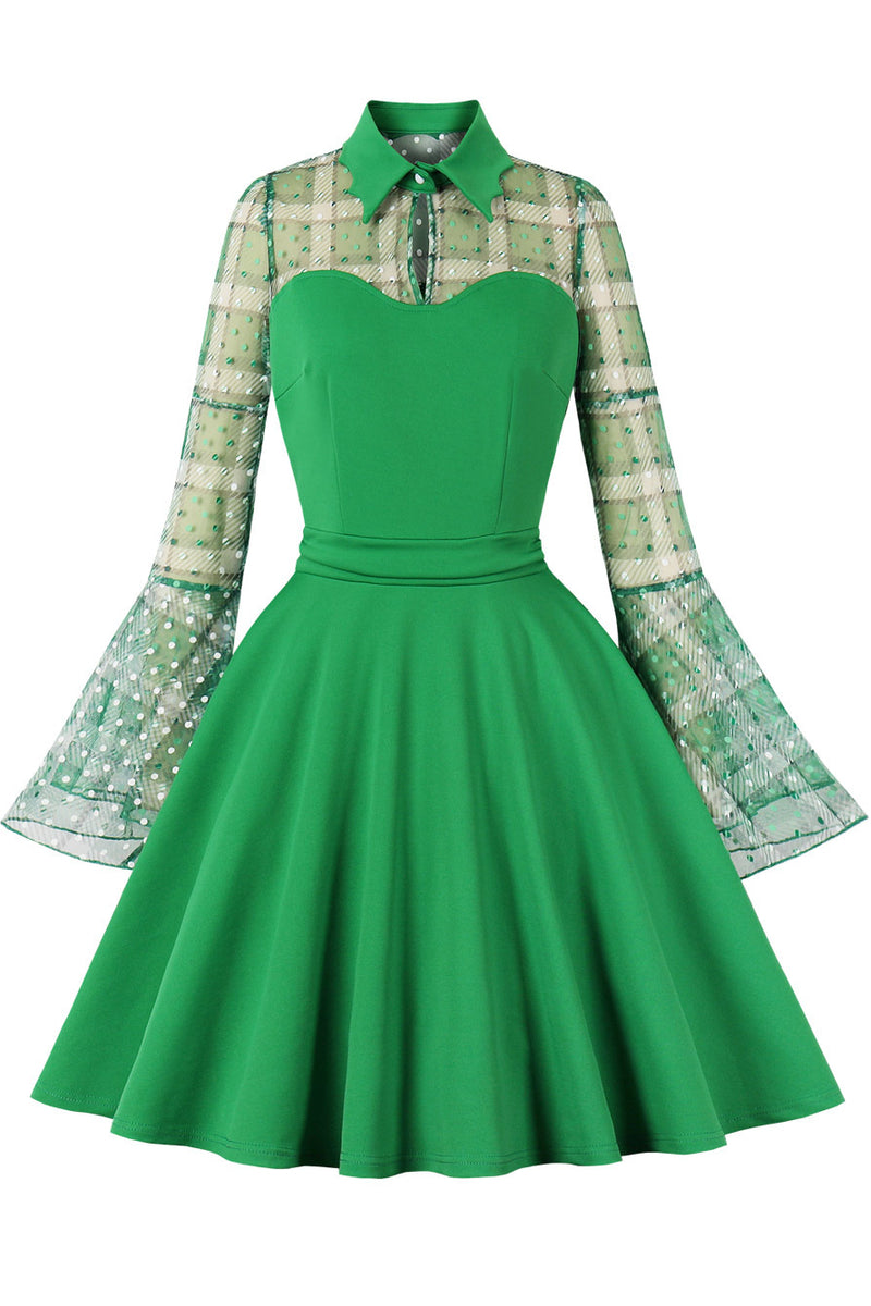 Green Dotted Plaid Bell Sleeves A-line Vintage Dress