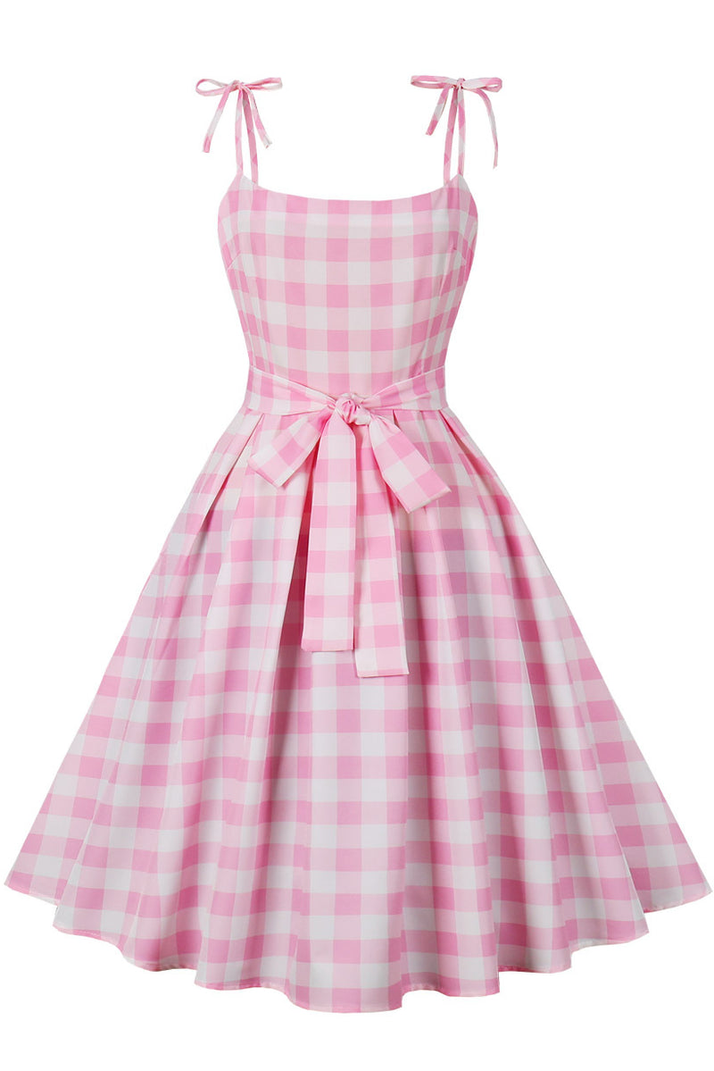 Pink Plaid Bow Tie Straps Vintage Dress