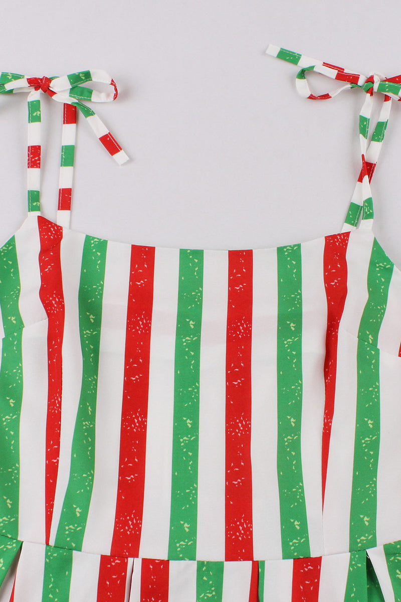 Christmas Red and Green Stripes A-line Bow Tie Straps Vintage Dress
