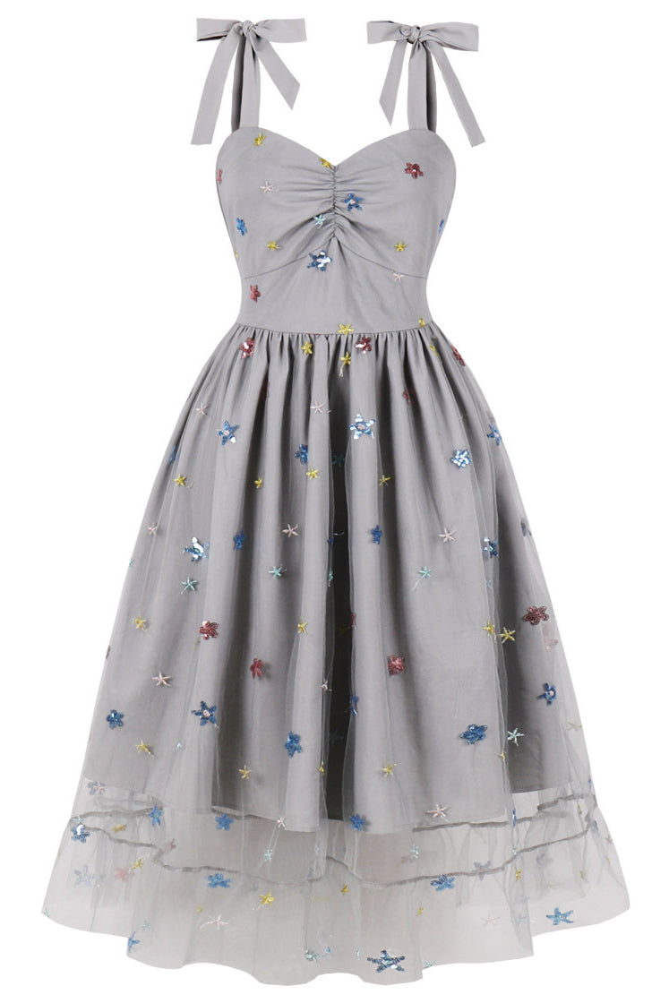 Herbene Grey Prints Bow Tie Straps A-line Vintage Dress