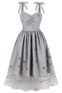 Herbene Grey Prints Bow Tie Straps A-line Vintage Dress