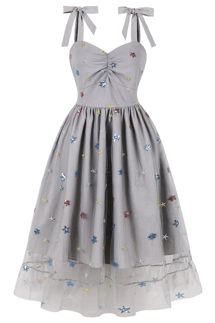 Herbene Grey Prints Bow Tie Straps A-line Vintage Dress