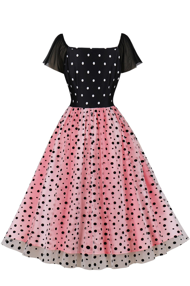 Pink Dot Black Top Bow Tie Sash A-line Vintage Dress