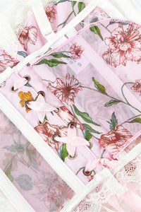 Pink Lace-Up Straps Floral Prints Laced Bustier Corset Top