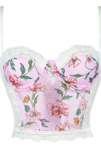 Pink Lace-Up Straps Floral Prints Laced Bustier Corset Top