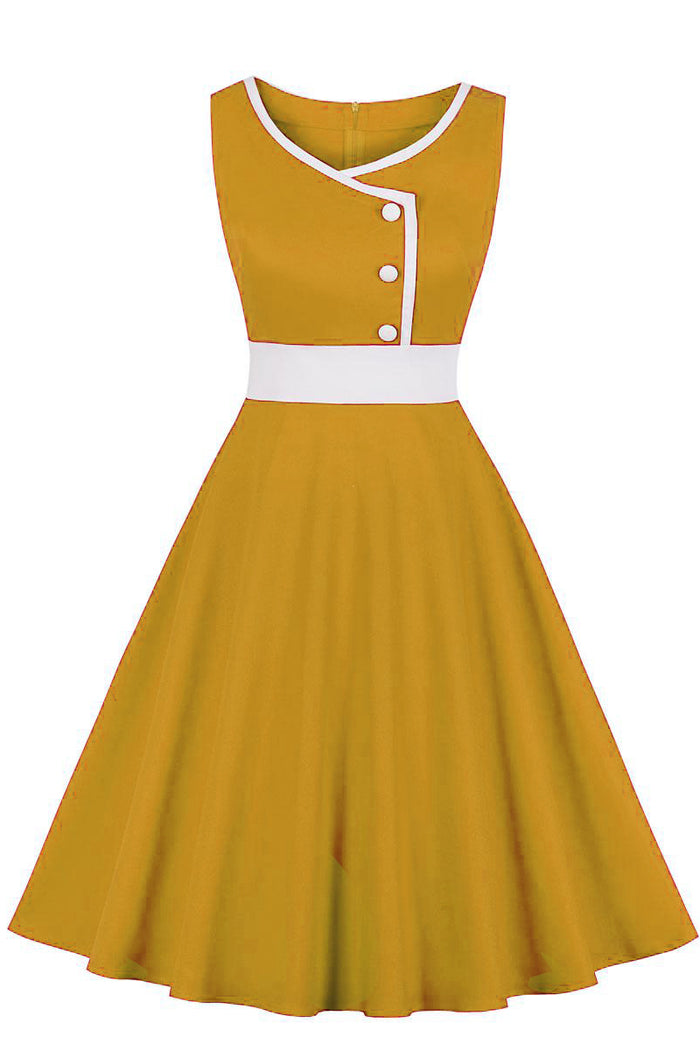 Elegant Yellow Sleeveless A-line Vinatge Dress