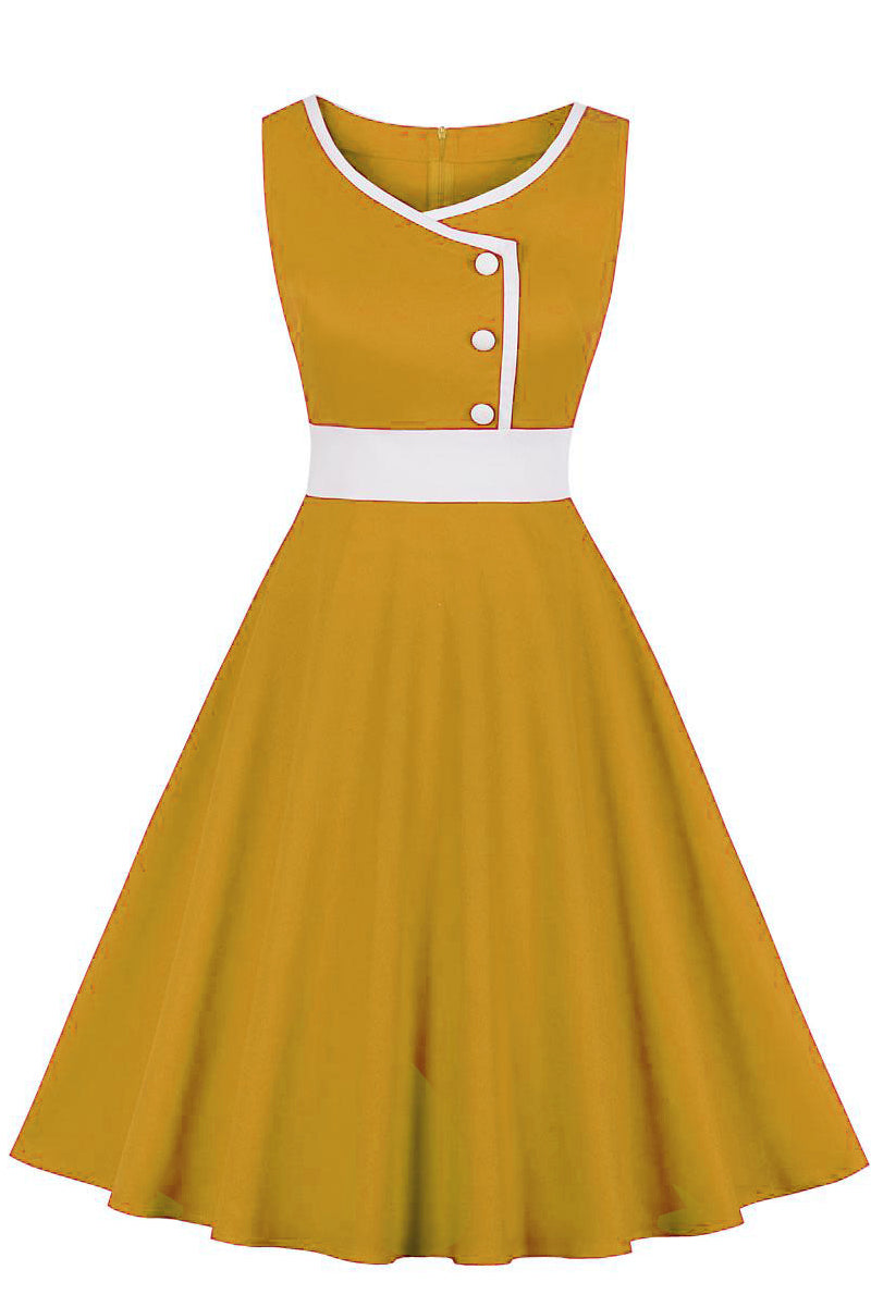 Elegant Yellow Sleeveless A-line Vinatge Dress