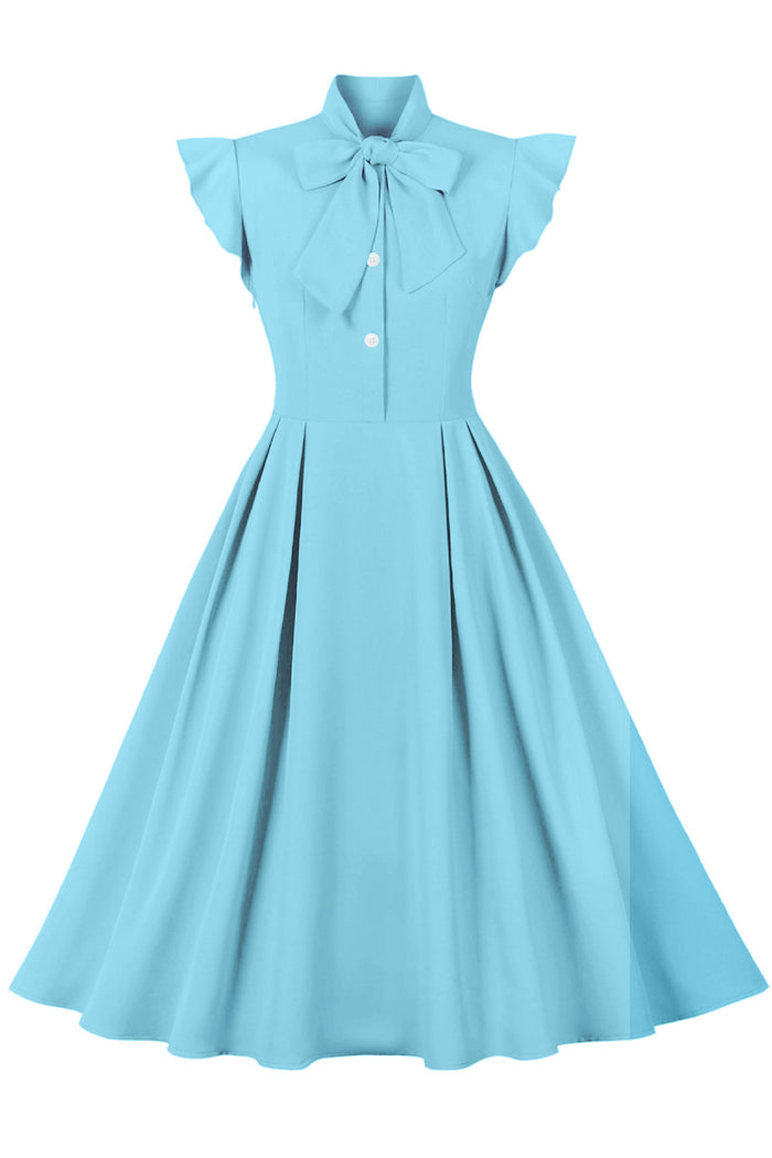 Teal Flutter Sleeves A-lie Ribbon Collar Vintage Dress