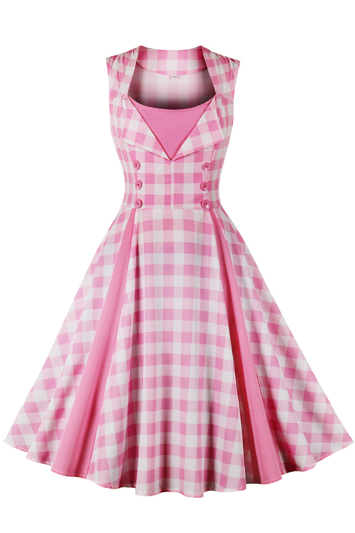 Pink Plaid Sleeveless A-line Vintage Dress