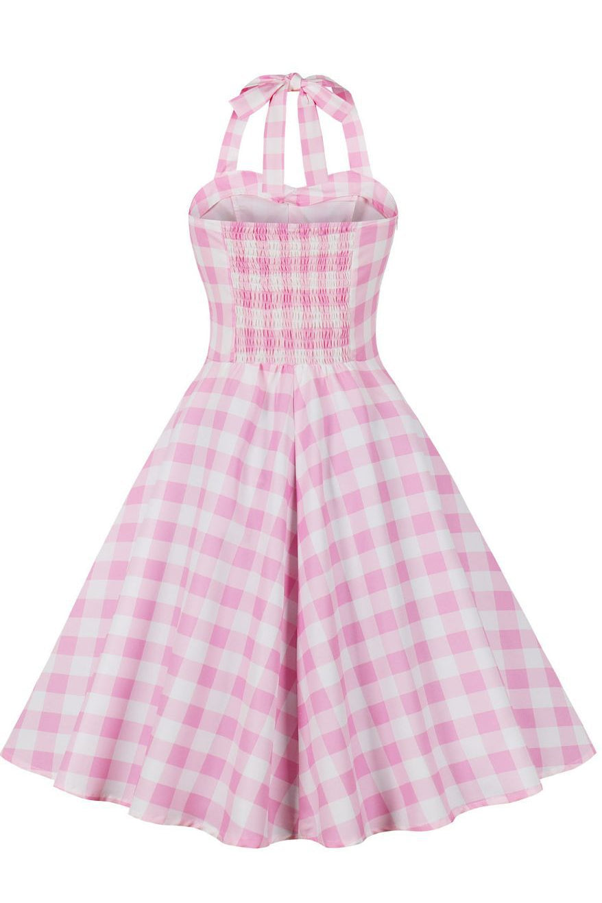 Pink Bow Tie Halter Plaid A-line Vintage Dress