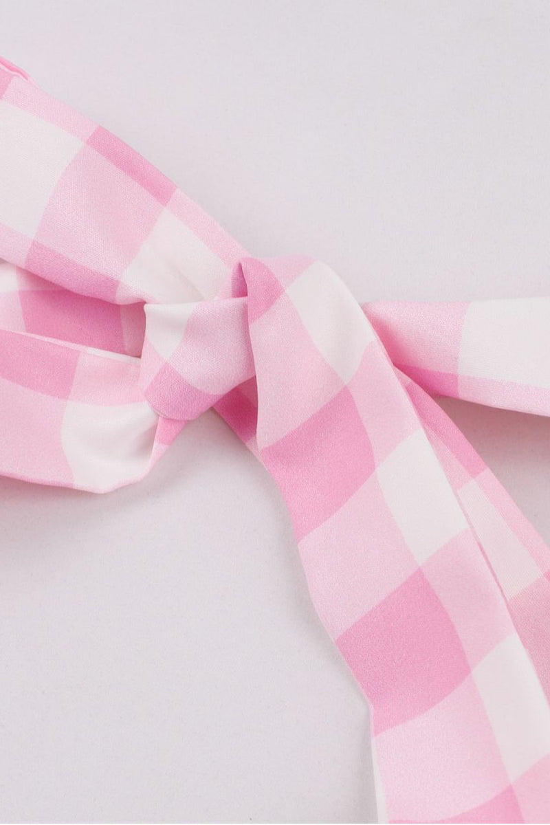 Pink Bow Tie Halter Plaid A-line Vintage Dress