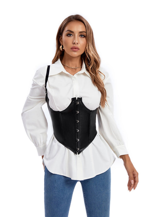 Black Leather Straps Lace-Up Bustier Corset Top